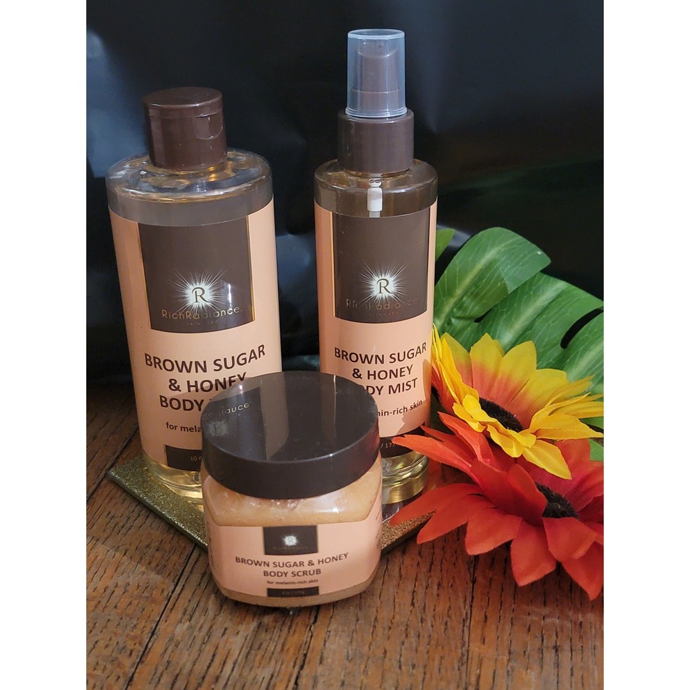 Rich Radiance Brown Sugar & Honey Skincare Set Body Wash Scrub Mist 3pc New - Picture 1 of 4